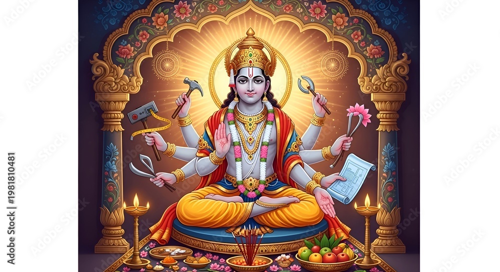 Fototapeta premium Lord Vishnu Meditating with Multiple Arms Holding Sacred Objects in Ornate Temple