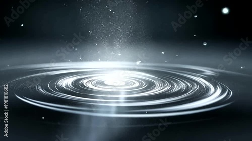 Luminous ripples emanate from a bright center beneath a cascade of light particles