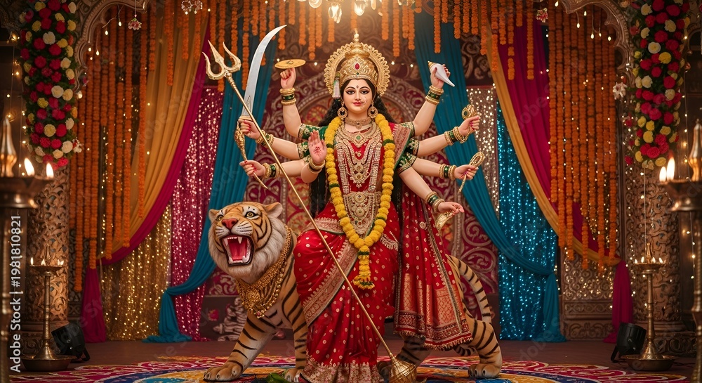 Fototapeta premium Goddess Durga with Tiger, Hindu Festival, Divine Feminine Power, Indian Culture