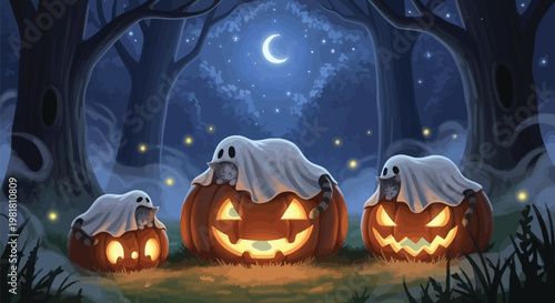 Whimsical jack o' lanterns and snow covered houses under a starry night sky Vector