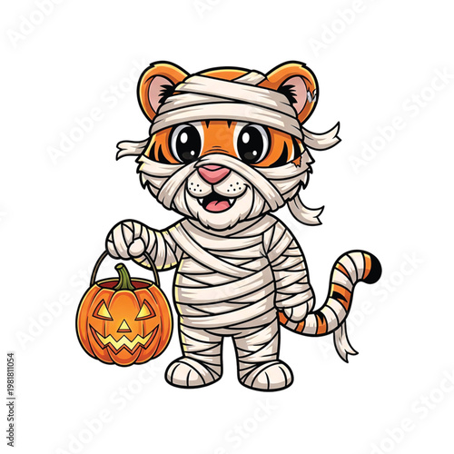 Halloween Tiger: A delightful illustration of a charming tiger, dressed as a mummy for Halloween, holding a festive pumpkin.