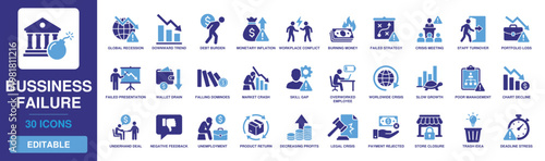 Business Failure Solid Vector Glyph Icon Set featuring Market Crash, Downward Trend, Global Recession, Store Closure, and Debt Burden for Financial and Economic Analysis Projects.