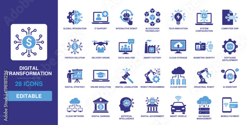 Digital Transformation Solid Vector Glyph Icon Set featuring Artificial Intelligence, Cloud Storage, Blockchain Technology, Smart Factory, and Fintech for Technology Innovation.