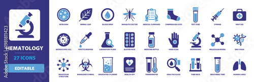 Hematology Solid Vector Glyph Icon Set featuring Blood Drop, Microscope, DNA Chain, Test Tube, Syringe, Laboratory Flask, and Medical Analysis for Healthcare and Blood Testing.