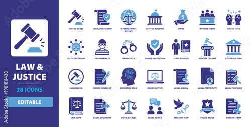 Law and Justice 2 Solid Vector Glyph Icon Set featuring Justice Gavel, Court Building, Handcuffs, Legal Protection, Rights, and Law Book for Judicial and Legal System Themes.