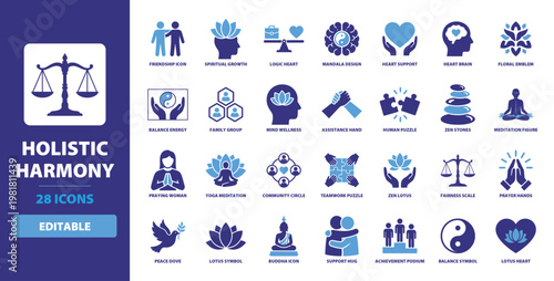 Icon Set related to Holistic Harmony featuring Zen Stones, Meditation Figure, Yoga Lotus, Spiritual Growth, Heart Brain, and Peace Dove for Wellness and Mindful Living Designs.