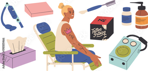 Tattoo artist and supplies in a flat design style equipment