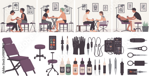 Tattoo artists and equipment in a studio client tattoo machine