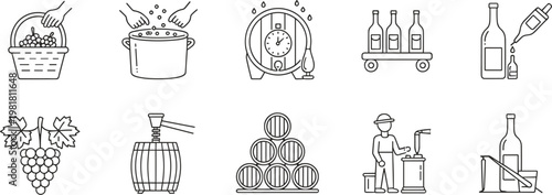 Wine making process and vineyard icons 
