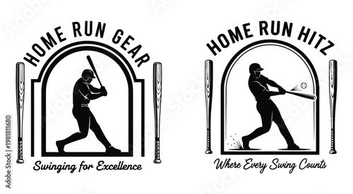 Vintage baseball emblem set featuring silhouettes of batters swinging with bats in a classic arched frame design