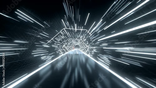 Sci-fi tunnel with bright white streak effect, hexagon pattern receding to center