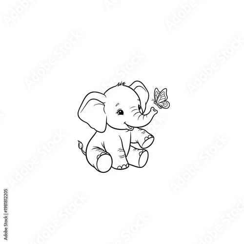 Cute baby elephant sitting with a butterfly line art drawing elephant wildlife