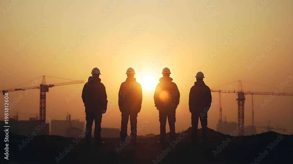 Fototapeta premium Silhouette of construction workers at sunset with cranes in the background, symbolizing teamwork and project completion