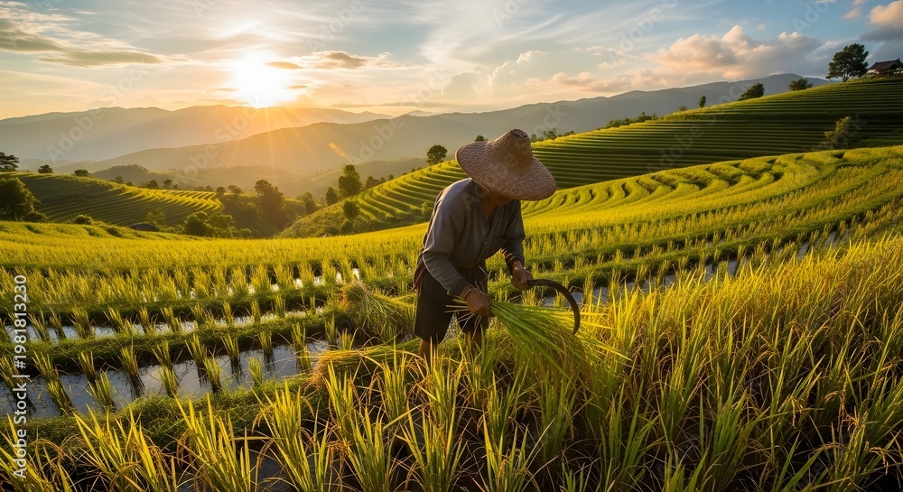 Fototapeta premium Asian farmer harvesting golden rice on beautiful terraced fields during sunset