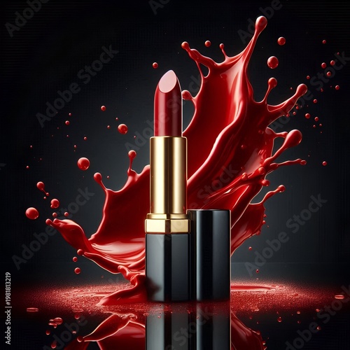 Luxury red lipstick captured in a dramatic splash, with glossy liquid textures and a dark background, highlighting elegance, beauty, and bold femininity in high-contrast studio lighting.