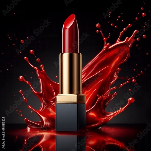 Luxury red lipstick captured in a dramatic splash, with glossy liquid textures and a dark background, highlighting elegance, beauty, and bold femininity in high-contrast studio lighting.