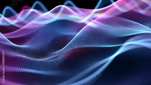 Abstract glowing wave landscape in shades of pink and blue on a black background
