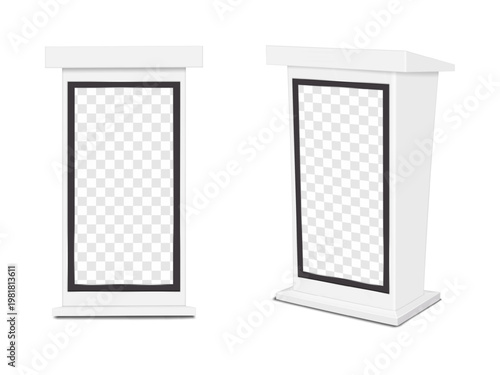 Blank white rostrum with built-in LCD screen. Realistic 3d vector mockup. Tradeshow digital display podium table. Easy editable mock-up. Multimedia lectern portable counter stand. Template for design