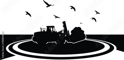 Black and White Silhouette of a Heavy Loader Working in a Circular Field with Flying Birds