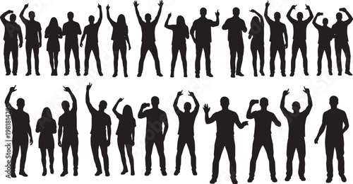 Flat design vector illustration of diverse human silhouettes in motion