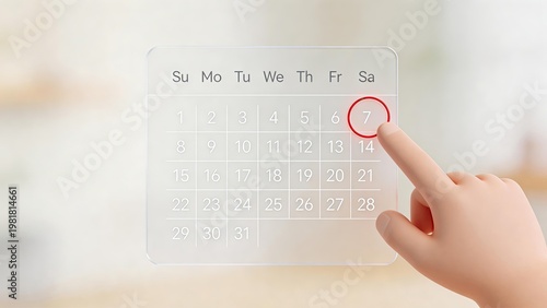 Futuristic hand selecting a date on a transparent glass calendar interface highlighting the seventh day with a red circle symbolizing scheduling planning and modern digital time