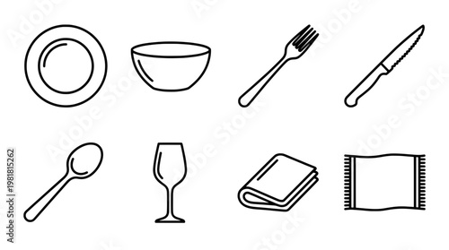Minimalist icon set plate bowl cutlery glass napkin and tablecloth