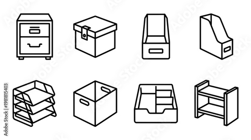 Outlined kitchen utensils and tableware isolated on white background