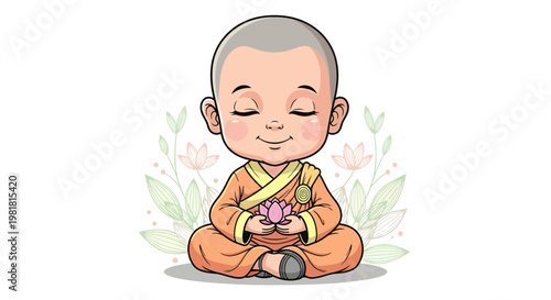 Adorable baby monk character sitting peacefully while holding a lotus flower, illustrated in soft pastel colors with a gentle and calm expression.