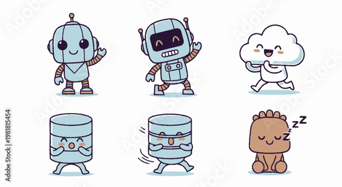 Six Cute Kawaii Cartoon Robot Cloud Characters.