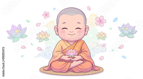 Adorable baby monk character sitting peacefully while holding a lotus flower, illustrated in soft pastel colors with a gentle and calm expression.