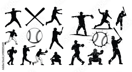 Set of black silhouette baseball player icons featuring various batting pitching and catching poses for sports design