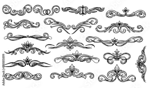 Creative filigree flourish collection ornate decorative swirls black and white vector illustration set isolated on white background