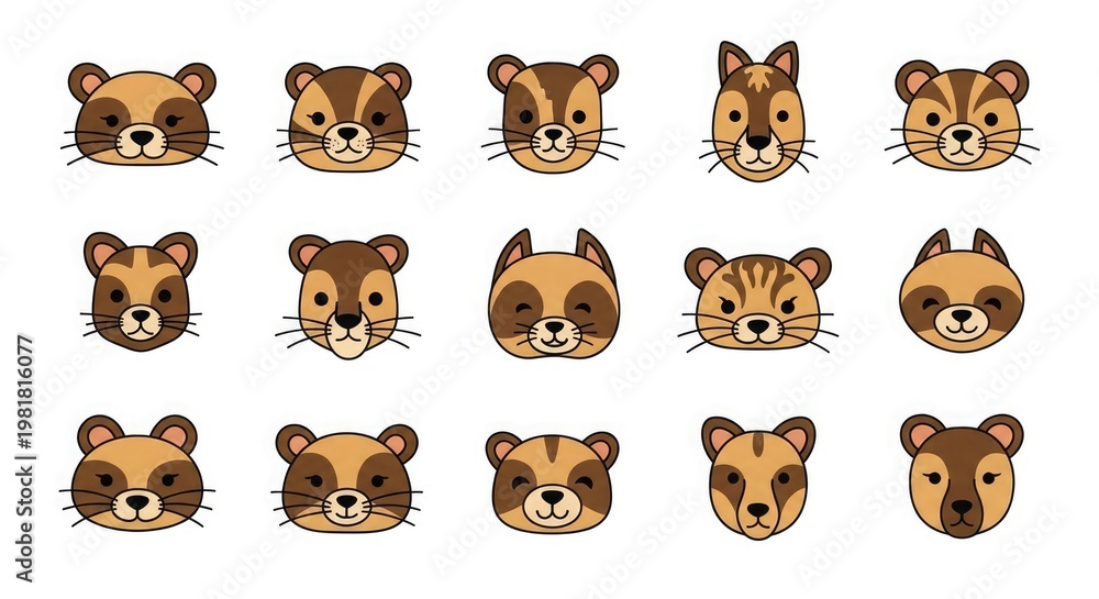 Fototapeta premium Collection of cartoon animal faces with various expressions on white background for design use