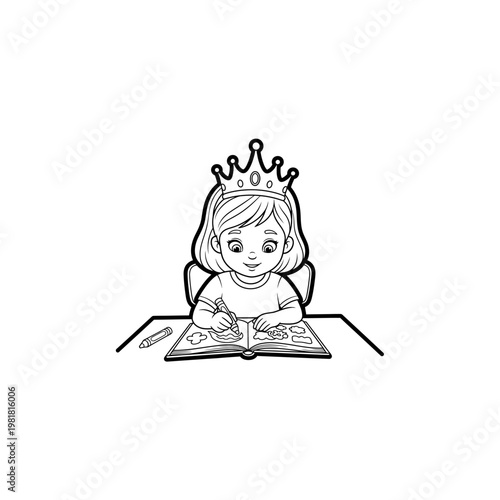 Little girl wearing a crown reading a book at a table with princess, education