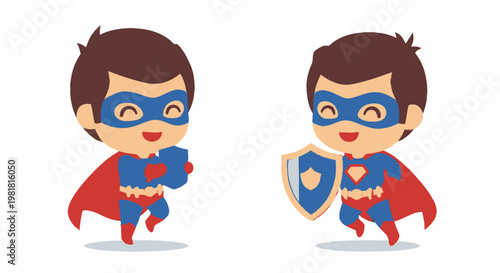 Two Adorable Superhero Boys in Capes and Masks Posing Together.
