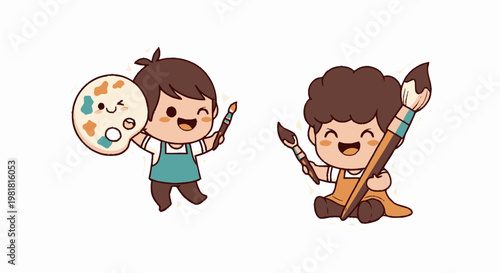 Two Adorable Cartoon Artists Holding Paintbrushes and Palettes.
