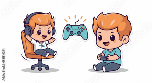 Two Adorable Cartoon Boys Playing Video Games Together.
