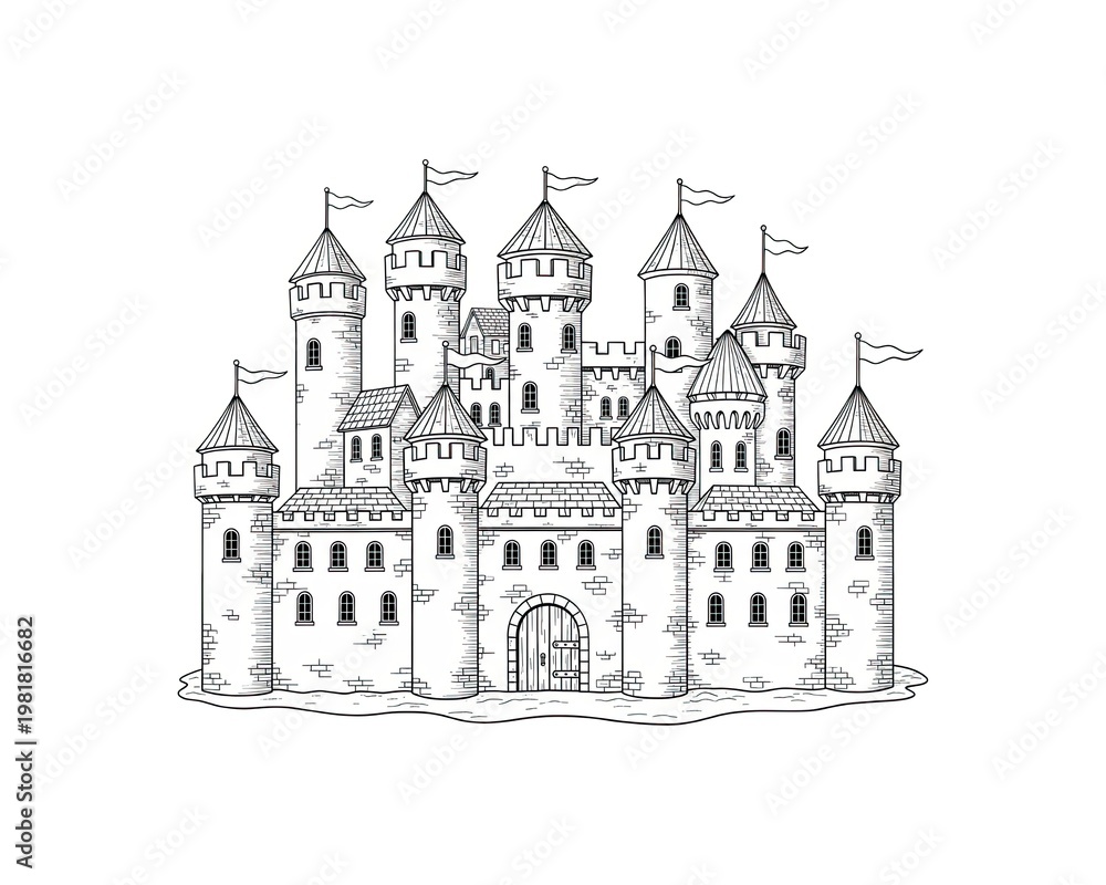 Fototapeta premium Detailed drawing of a medieval stone castle with flags, suitable for fantasy or historical themes
