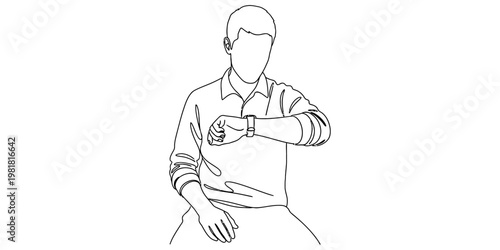 A simple line drawing of a person wearing a collared shirt while checking the time on his watch