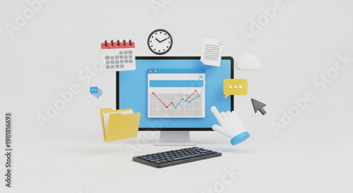 A vector graphic illustration of a computer monitor with a graph on the screen surrounded by office and productivity icons.