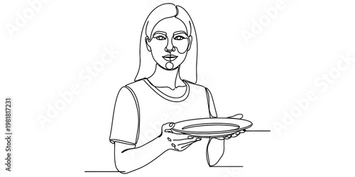 A continuous line drawing of a young woman gracefully holding an empty plate in her steady hands.