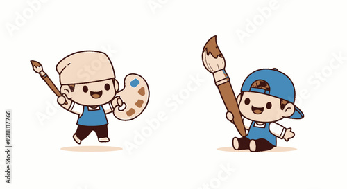 Adorable Cartoon Artists Holding Paintbrushes and Palettes, Smiling Happily.