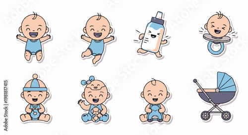 Adorable cartoon babies in various poses with cute expressions and accessories.