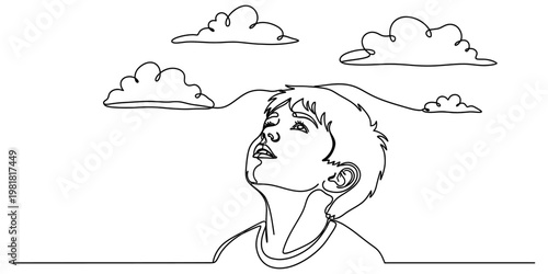 Bilde på lerret A single continuous line drawing of a young boy looking up at the clouds in the