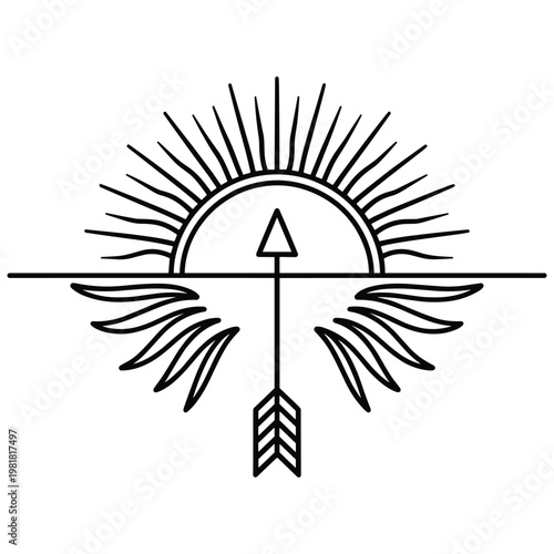 Stylized abstract sun and arrow symbol with wings isolated on transparent background for graphic design