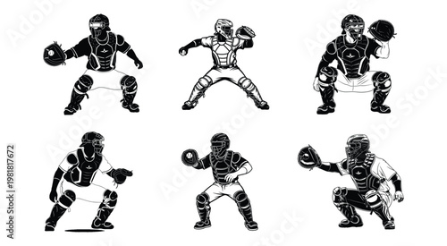Set of six black and white baseball catcher illustrations in various crouching positions with mitts and protective gear