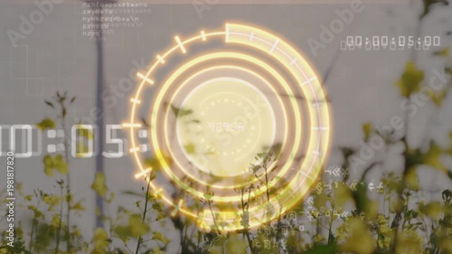 Glowing HUD fading in, pulsing and rotating while countdown advancing, visualizing wind farm output