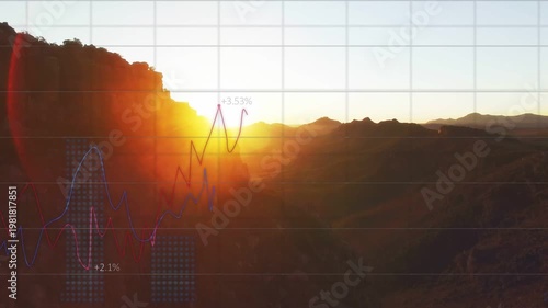 Rising sun over ridge making sunburst, grid fading and charts animating, showing percent gains