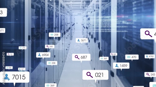 Camera gliding down data center aisle, spawning floating UI bubbles showing live metrics, fading
