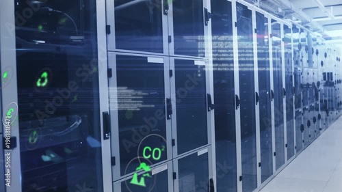 Camera moving down server aisle, revealing floating green icons and code marking rack status